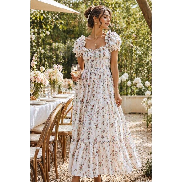 LoveShackFancy Dresses & Skirts - LoveShackFancy Terrence Dress M Vanilla Kisses Floral Smocked Puff Sleeve Maxi